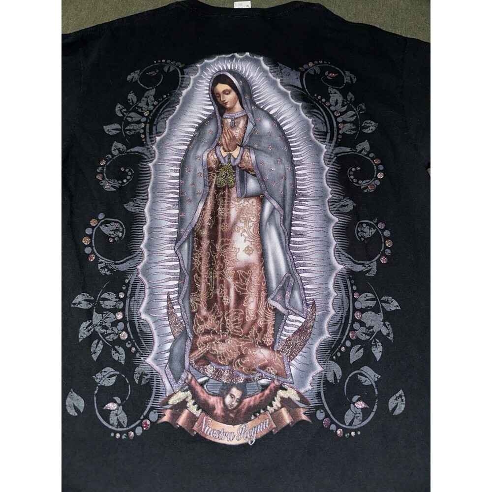 OF LADY OF GUADALUPE NUESTRA REYNA  PORTRAIT  SHIRT YOUTH SZ MED GLITTER EUC